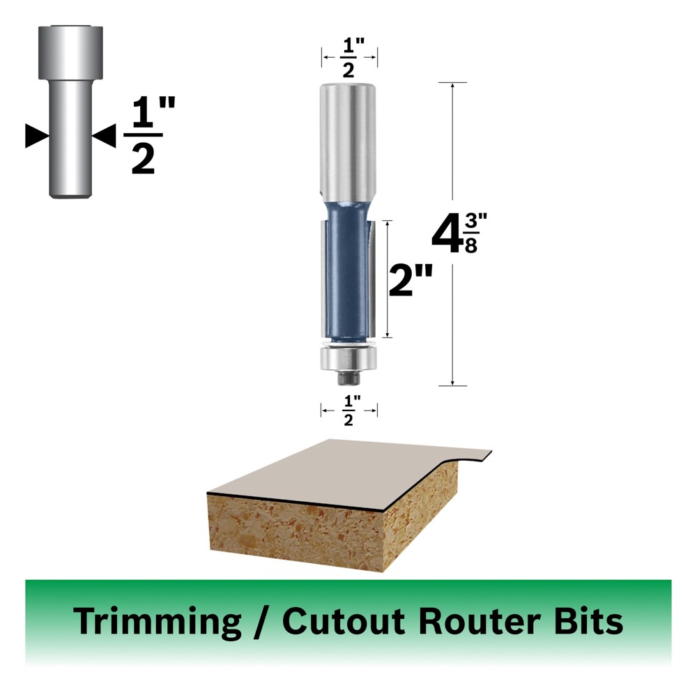 Bosch 85442M 1/2 In. x 2 In. Carbide Tipped 2-Flute Flush Trim Bit