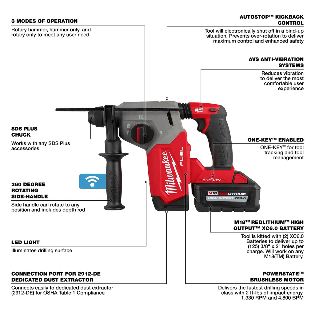 Milwaukee M18 FUEL 1" SDS Plus Rotary Hammer with  ONE-KEY Dust Extractor Kit | 2914-22DE