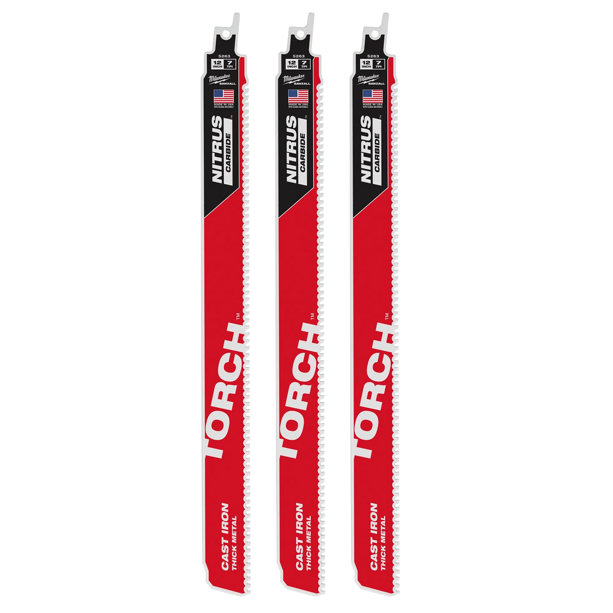 Milwaukee 12" 8 TPI TORCH with NITRUS Carbide for Cast Iron SAWZALL Blade 3PK | 48-00-5363