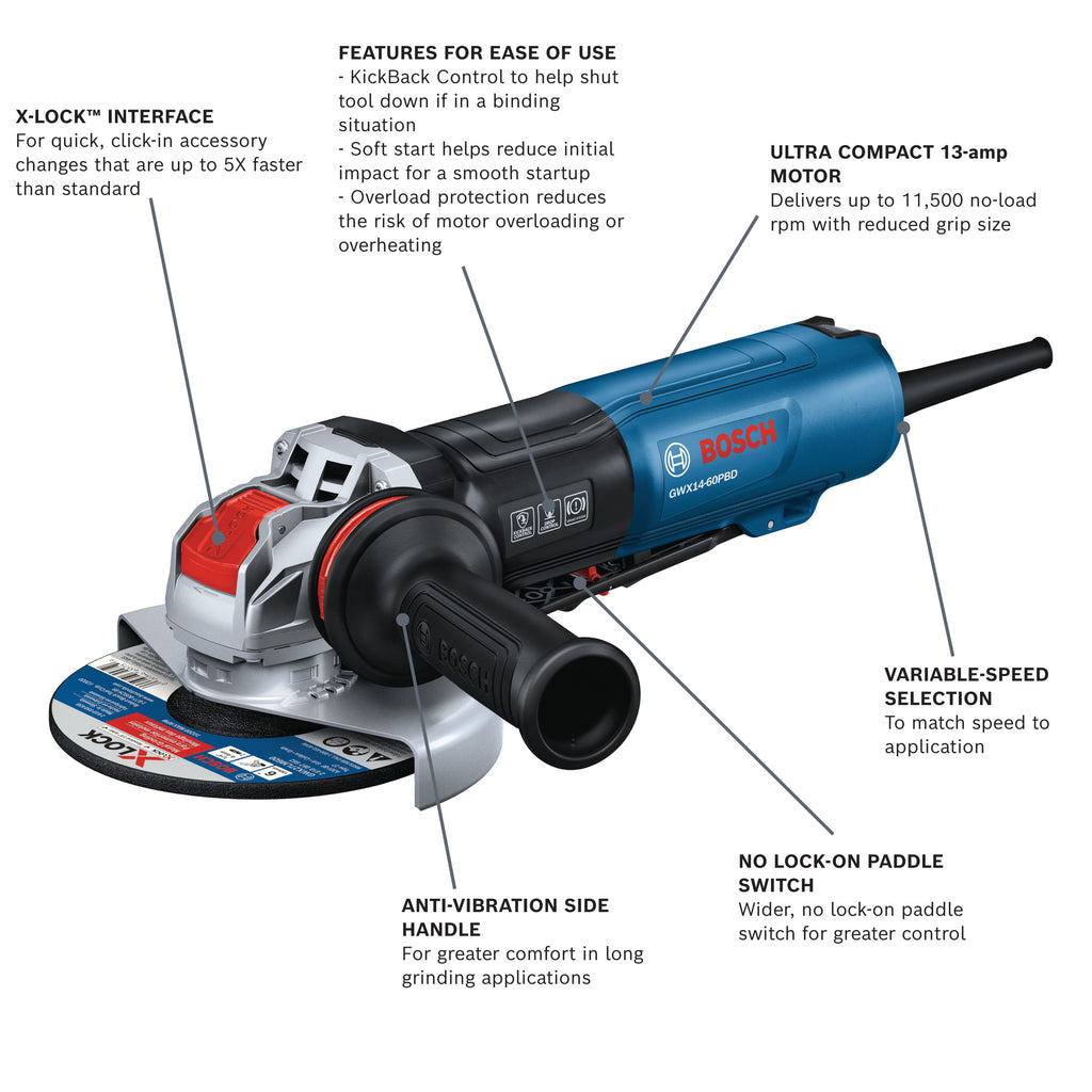 Bosch GWX14-60PBD 6 In. X-Lock Angle Grinder with Brake and No Lock-On Paddle Switch