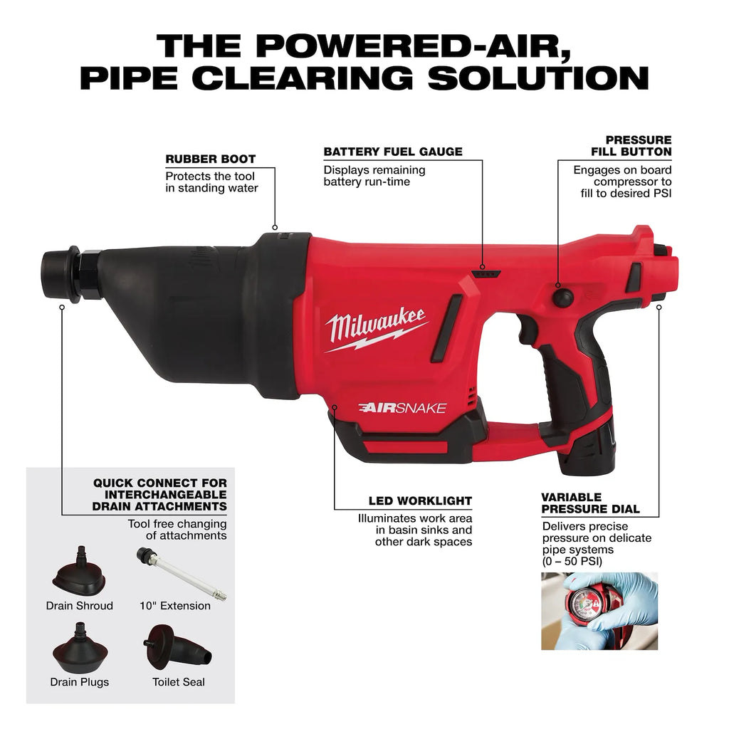 Milwaukee M12 AIRSNAKE Drain Cleaning Air Gun Kit | 2572B-21