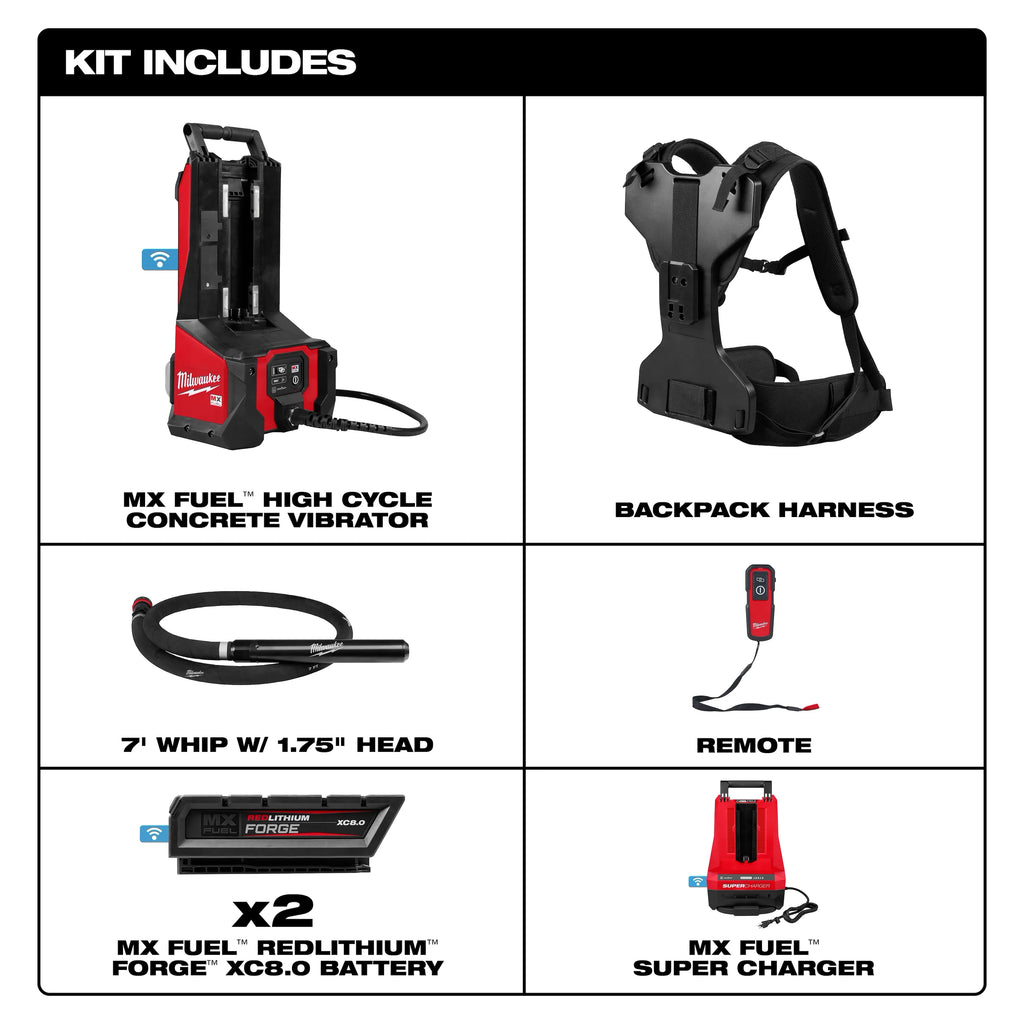 Milwaukee MX FUEL Backpack High Cycle Concrete Vibrator Kit with  7' Whip / 1.75" Head | MXF372-2XCB