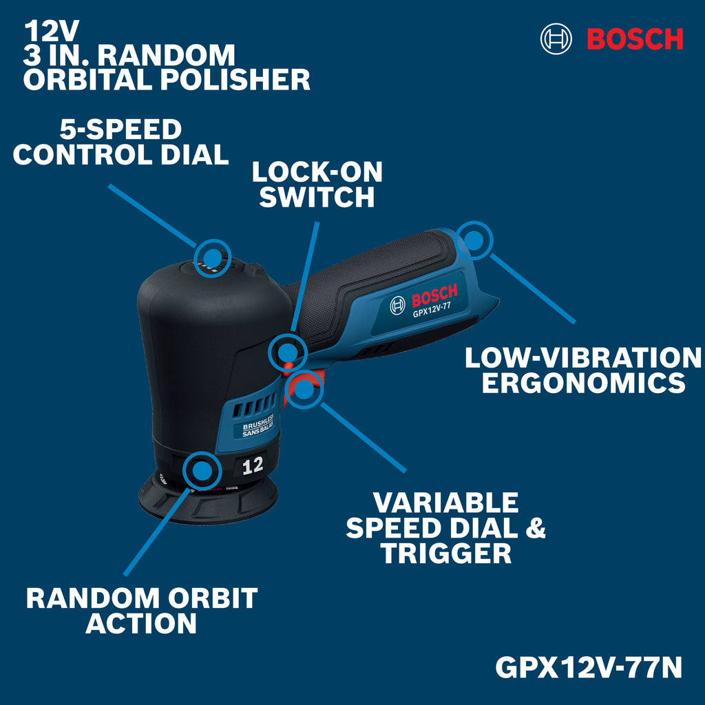 Bosch GPX12V-77N 12V Compact Cordless Brushless 3 In. Random Orbital Polisher (Tool Only)