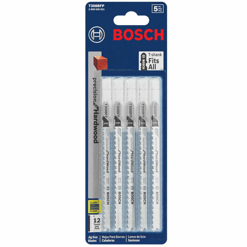 Bosch T308BFP 5 pc. 4-1/2 In. 12 TPI Precision for Hardwood T-Shank Jig Saw Blades