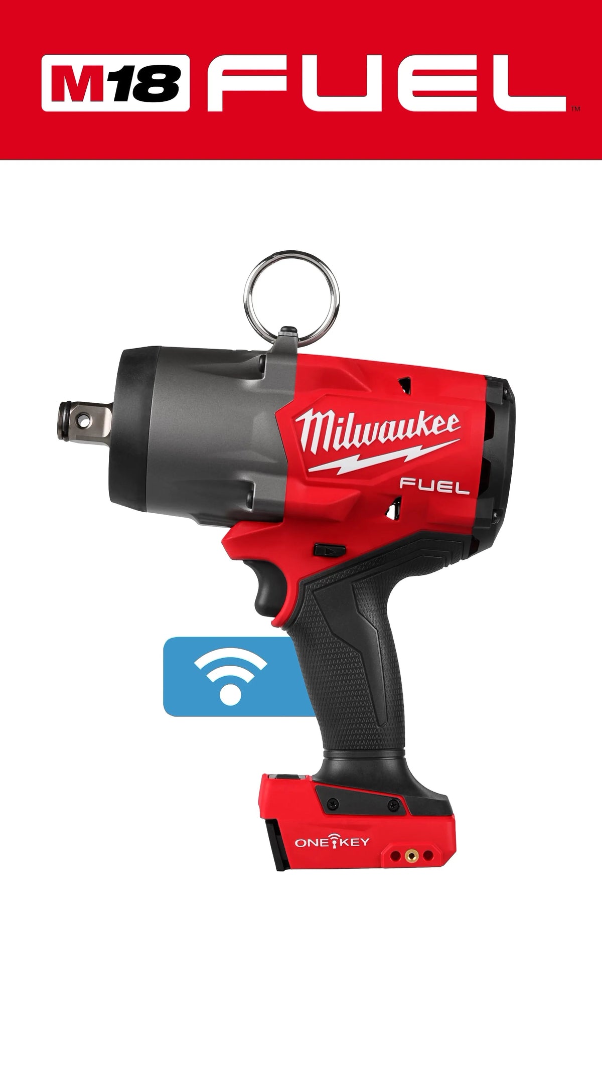 Milwaukee M18 Fuel cordless impact wrench in red and black, shown on a white background with a red M18 Fuel header banner, a blue wireless icon, and a gray 3/4" anvil label.