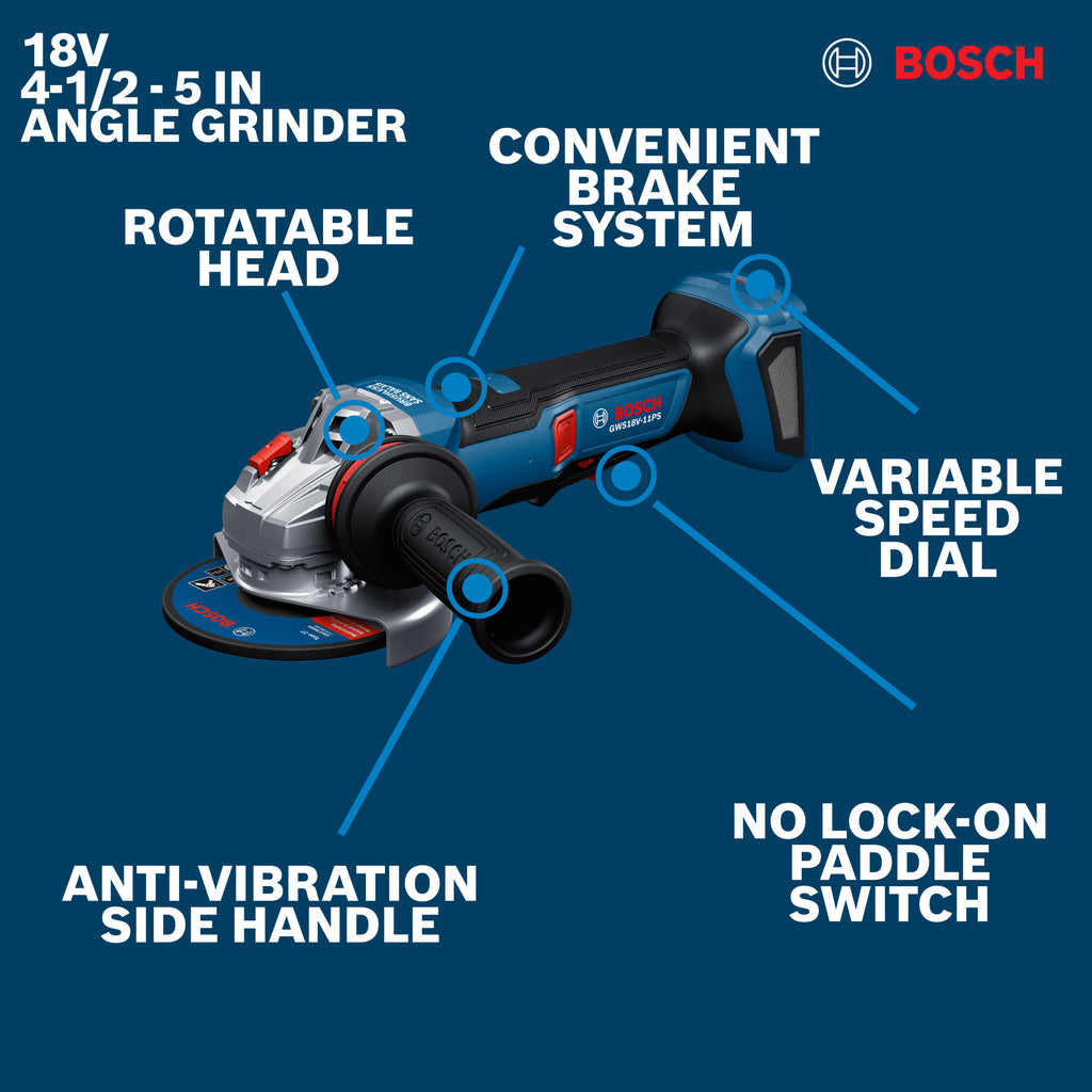 Bosch GWS18V-11PSN 18V Brushless 4-1/2 – 5 In. Angle Grinder with No Lock-On Paddle Switch (Tool Only)