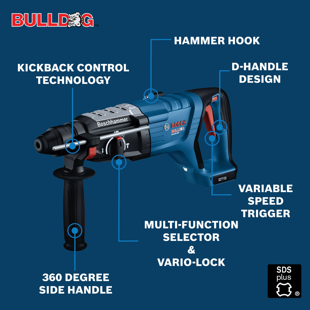Bosch GBH18V-28DCB28 18V Brushless Connected-Ready SDS-plus Bulldog 1-1/8 In. Rotary Hammer Kit with (2) CORE18V 8 Ah High Power Batteries