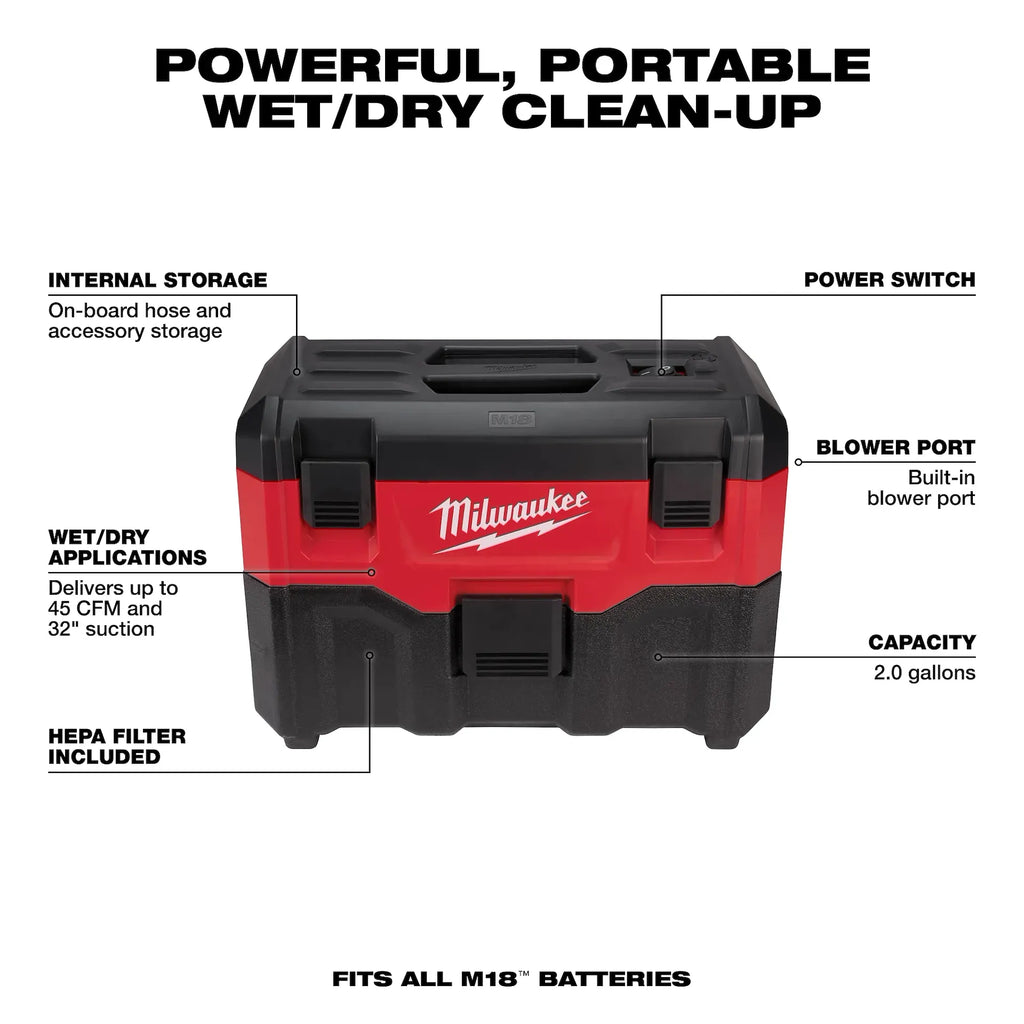 Milwaukee M18 2-Gallon Wet/Dry Vacuum | 0880-20