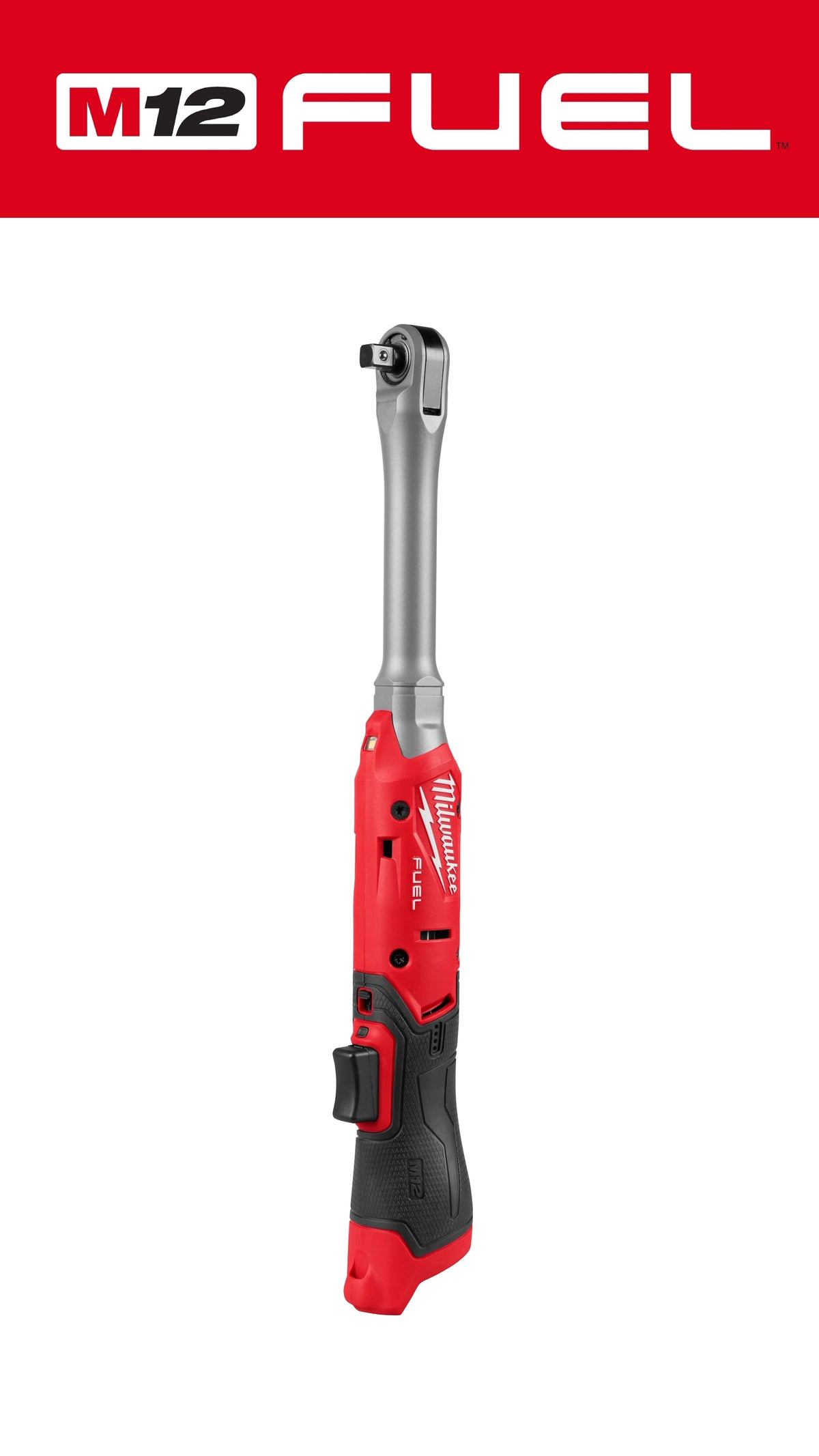 Red and black ratchet tool with 'M12 FUEL' branding on a white background
