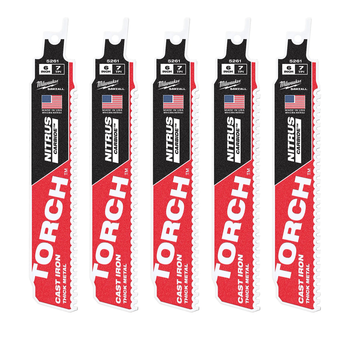 Milwaukee 6" 8TPI TORCH with NITRUS Carbide for Cast Iron SAWZALL Blade 5PK | 48-00-5561