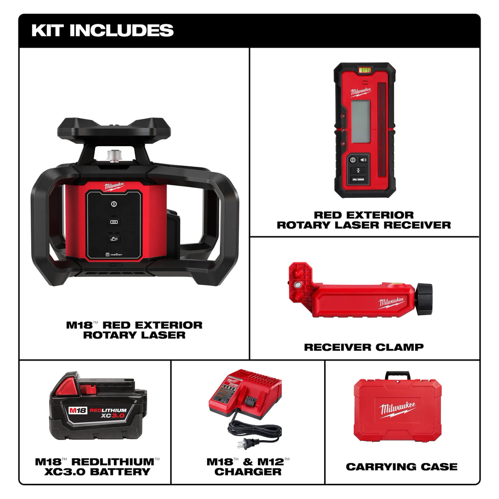 Milwaukee M18 Red Exterior Rotary Laser Level Kit with  Receiver | 3701-21