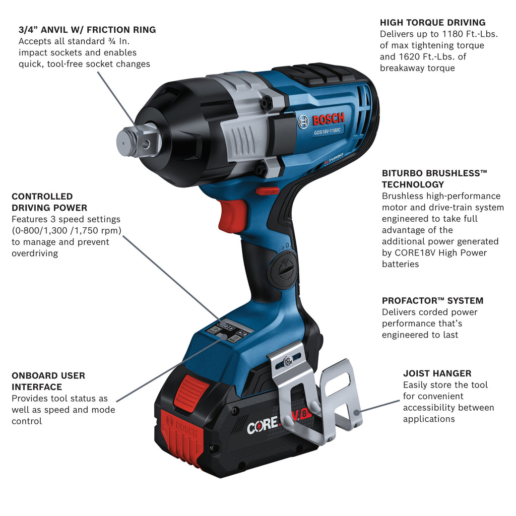 Bosch GDS18V-1180CB28 PROFACTOR 18V Connected-Ready 3/4 In. High Torque Impact Wrench Kit with Friction Ring and Thru-Hole and (2) CORE18V 8 Ah Batteries