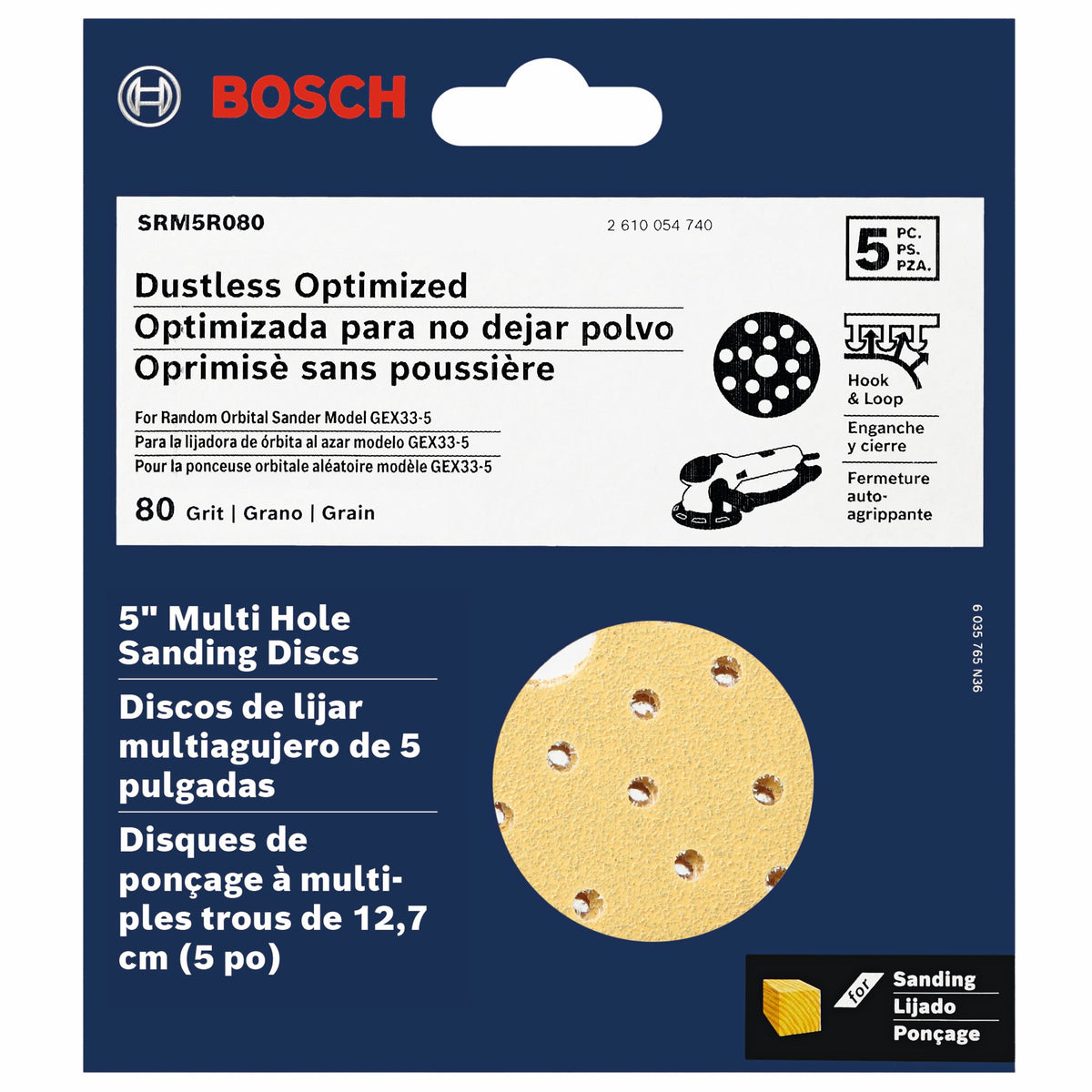 Bosch SRM5R080 5 pc. 80 Grit 5 In. Multi-Hole Hook-And-Loop Sanding Discs