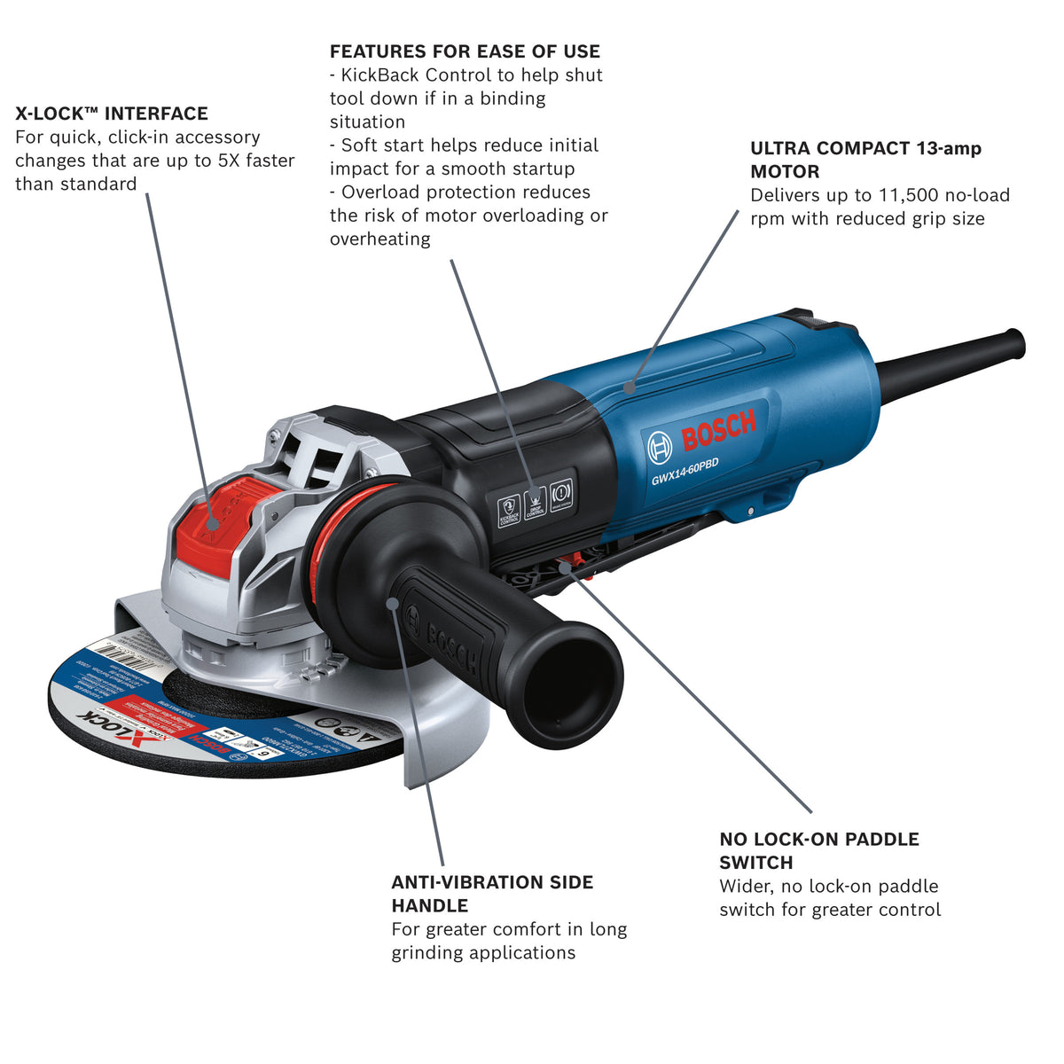 Bosch GWX14-60PBD 6 In. X-Lock Angle Grinder with Brake and No Lock-On Paddle Switch