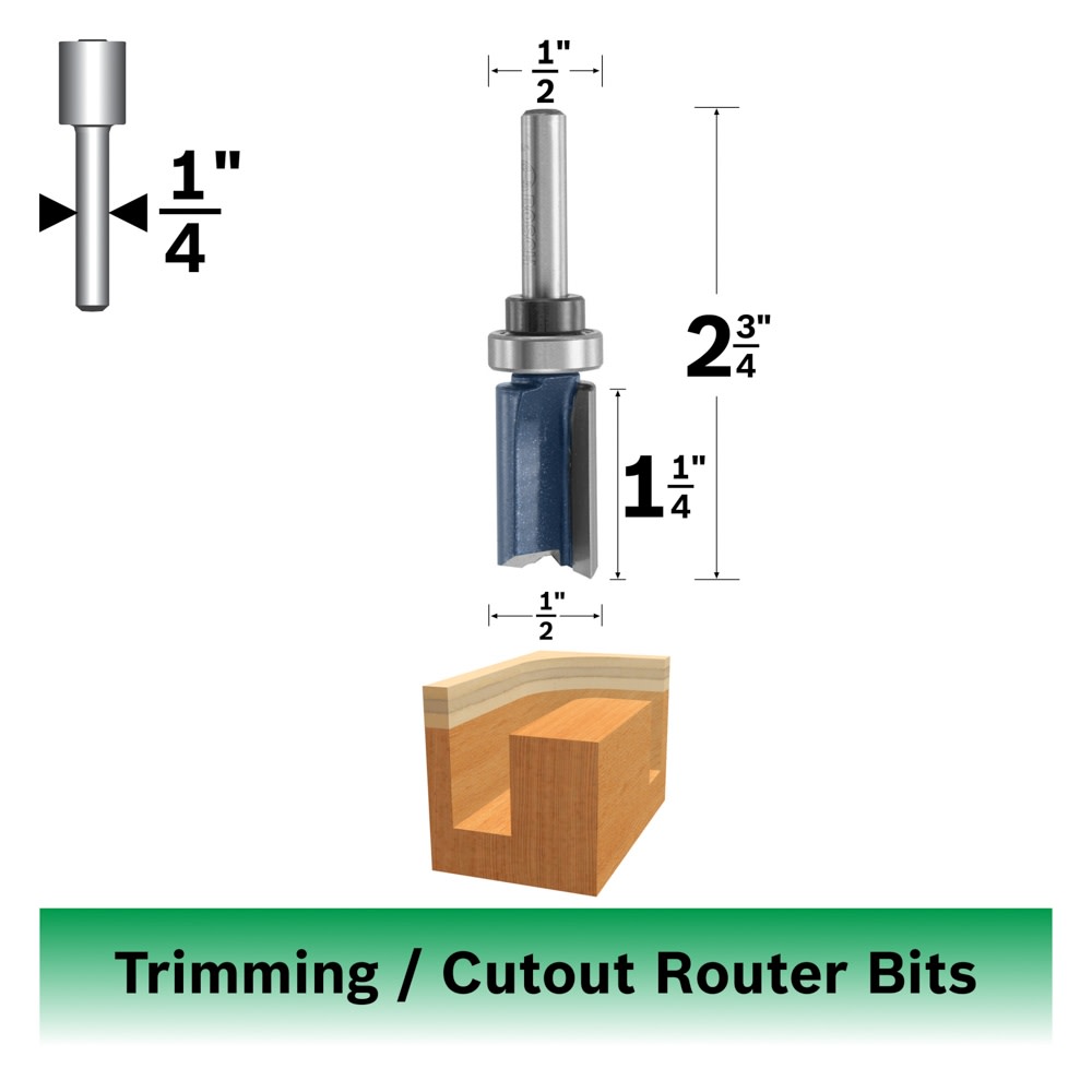 Bosch 85672M 1/2 In. x 1-1/4 In. Carbide Tipped 2-Flute Top Bearing Straight Trim Bit