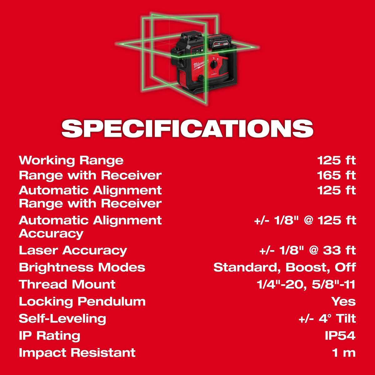 Milwaukee M12 Green 360° 3-Plane Laser with Automatic Alignment & Receiver | 3642-21