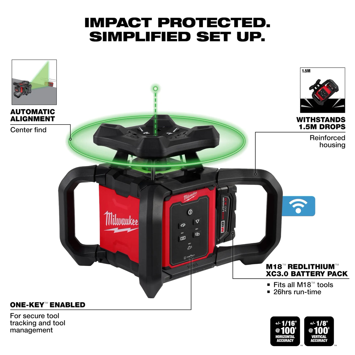 Milwaukee M18 Green Interior Rotary Laser Level Kit with  Remote/Receiver & Wall Mount Bracket | 3702-21