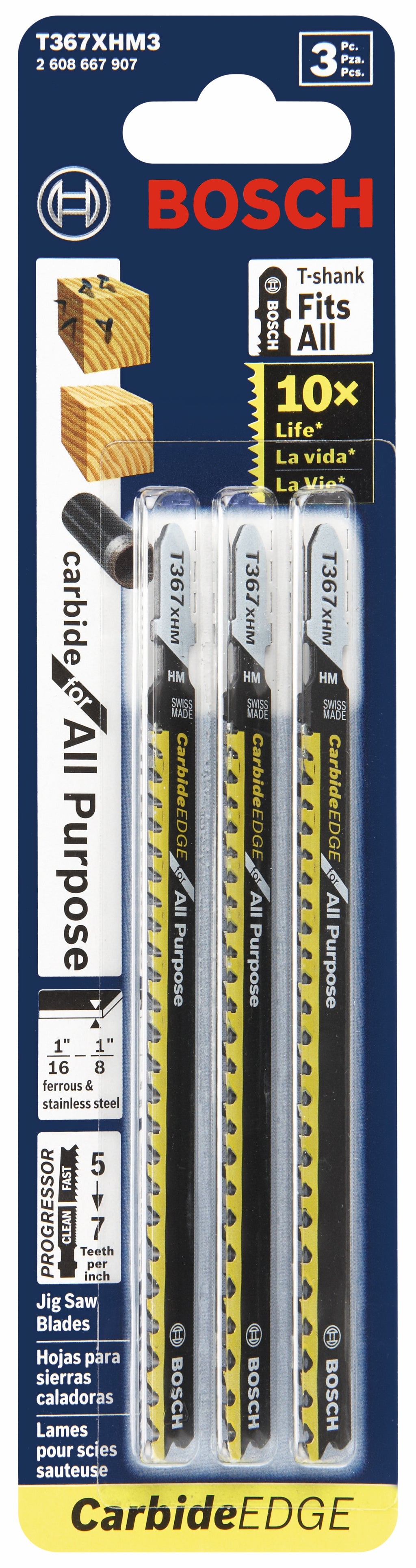Bosch T367XHM3 3 pc. 5-1/4 In. 5-7 TPI Carbide Edge for All-Purpose T-Shank Jig Saw Blades