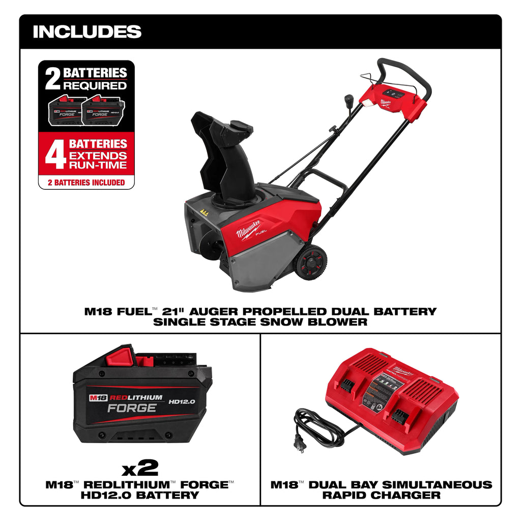 Milwaukee M18 FUEL 21" Auger Propelled Dual Battery Single Stage Snow Blower Kit | 3036-22HD