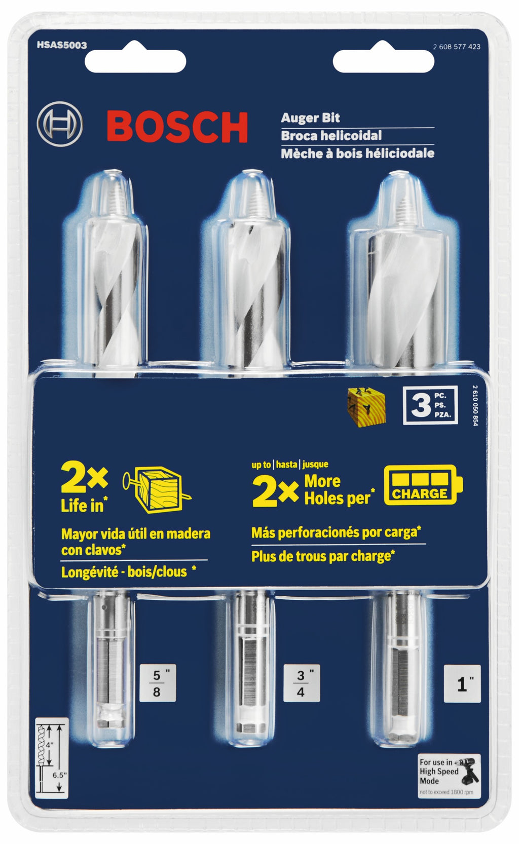 Bosch HSAS5003 3 pc. 6-1/2 In. High-Speed Auger Bit Set