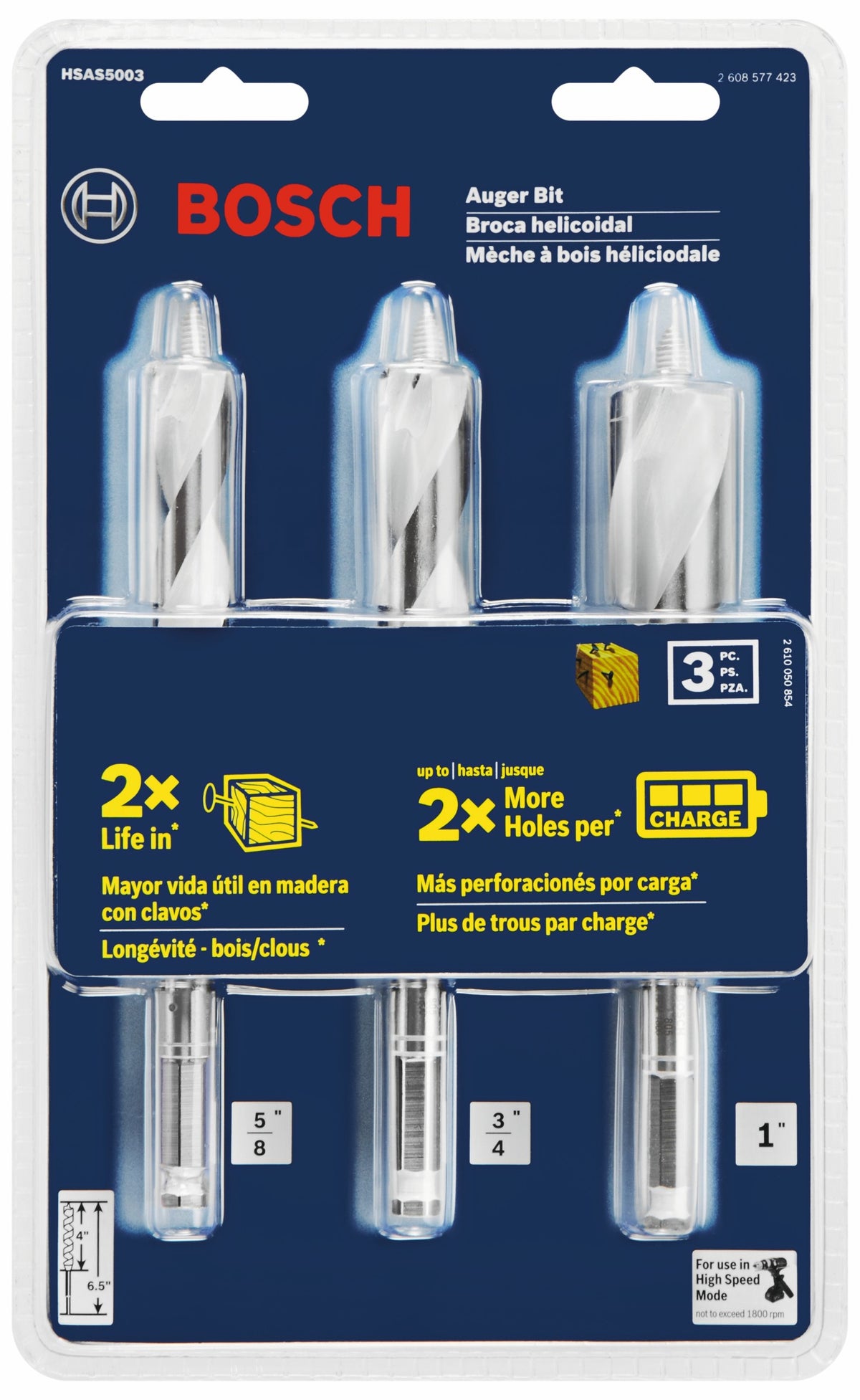 Bosch HSAS5003 3 pc. 6-1/2 In. High-Speed Auger Bit Set