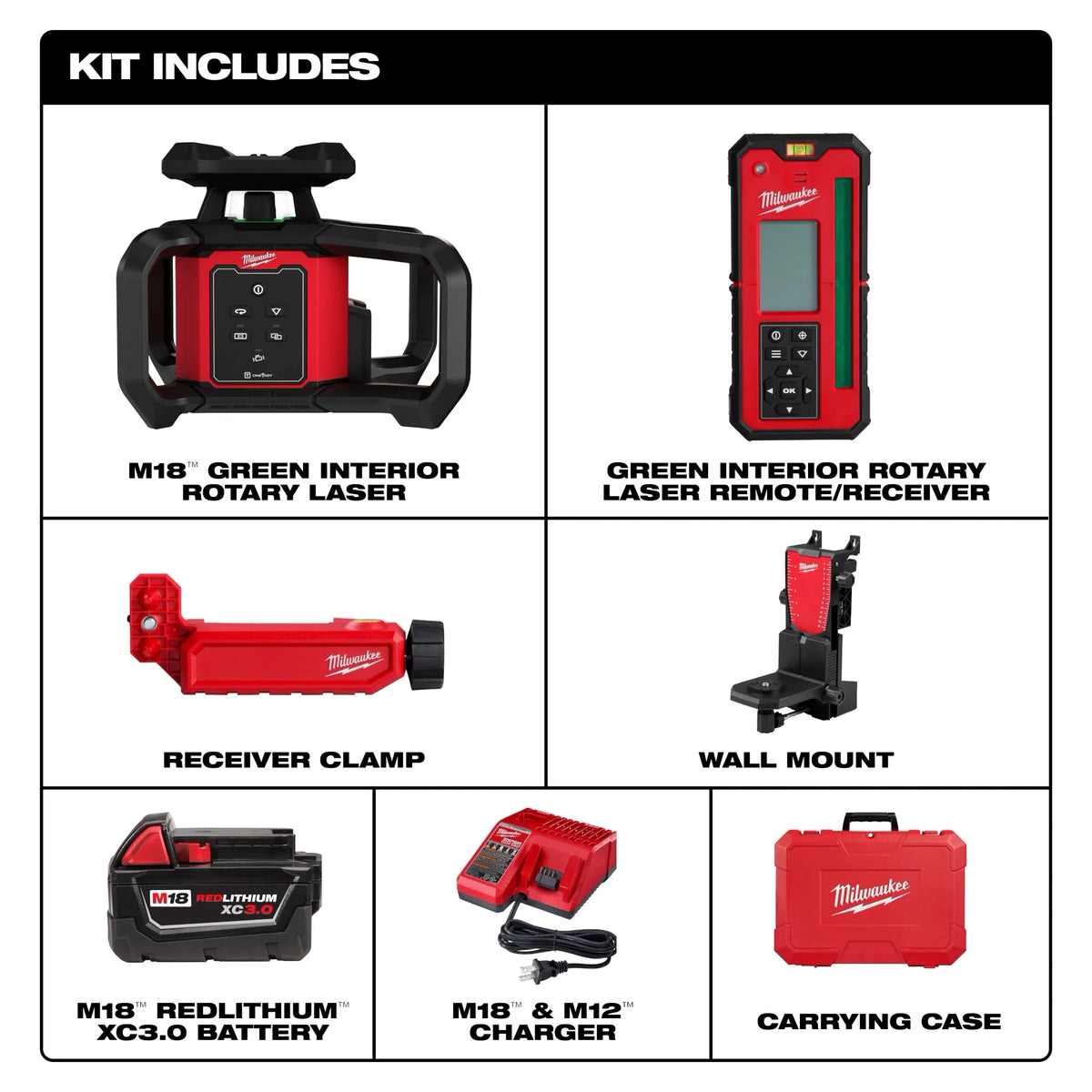 Milwaukee M18 Green Interior Rotary Laser Level Kit with  Remote/Receiver & Wall Mount Bracket | 3702-21