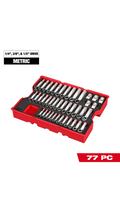 A 77-piece metric socket set in a red plastic case, shown on a white background with text overlays indicating '1/4", 3/8", & 1/2" DRIVE METRIC' and '77 PC'.