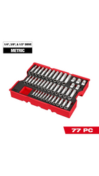 A 77-piece metric socket set in a red plastic case, shown on a white background with text overlays indicating '1/4", 3/8", & 1/2" DRIVE METRIC' and '77 PC'.