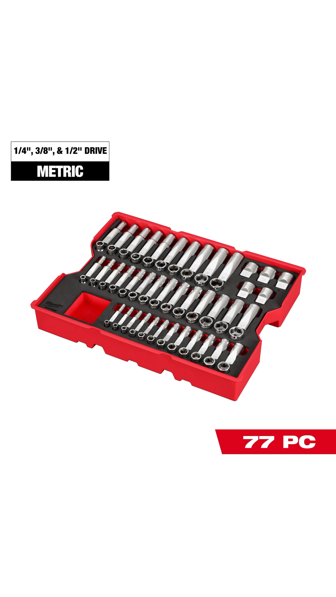 A 77-piece metric socket set in a red plastic case, shown on a white background with text overlays indicating '1/4", 3/8", & 1/2" DRIVE METRIC' and '77 PC'.