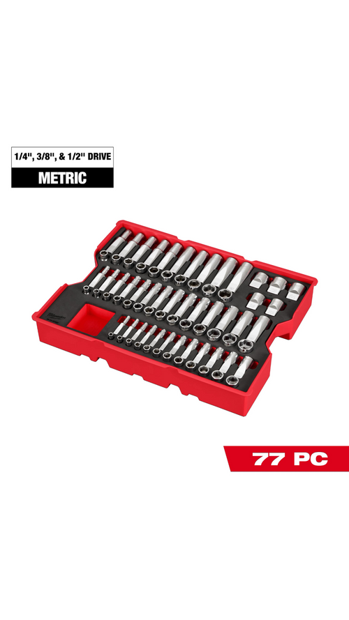 A 77-piece metric socket set in a red plastic case, shown on a white background with text overlays indicating '1/4", 3/8", & 1/2" DRIVE METRIC' and '77 PC'.