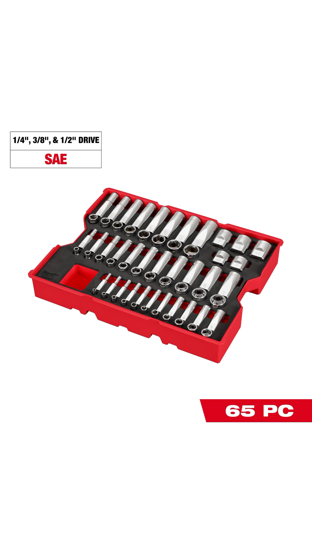65 pc. 1/4”, 3/8”, & 1/2” Drive SAE Socket Set with Tray for PACKOUT™ Drawers
