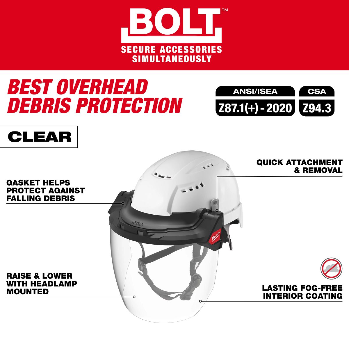 BOLT™ Gasketed Full Face Shield -Clear Dual Coat Lens(Compatible with Milwaukee® BOLT™ Safety Helmets & BOLT™ Hard Hats)