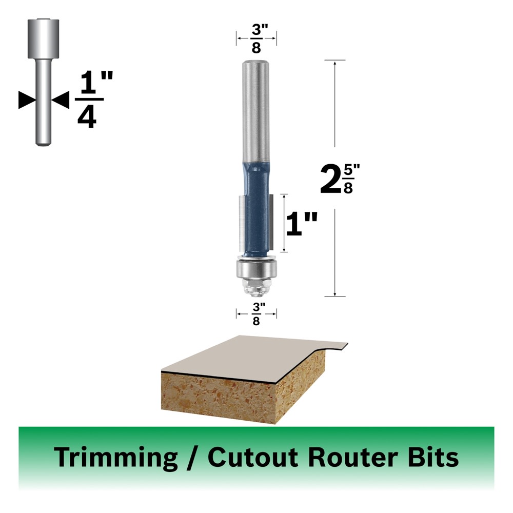 Bosch 85268M 3/8 In. x 1 In. Carbide Tipped 2-Flute Flush Trim Bit