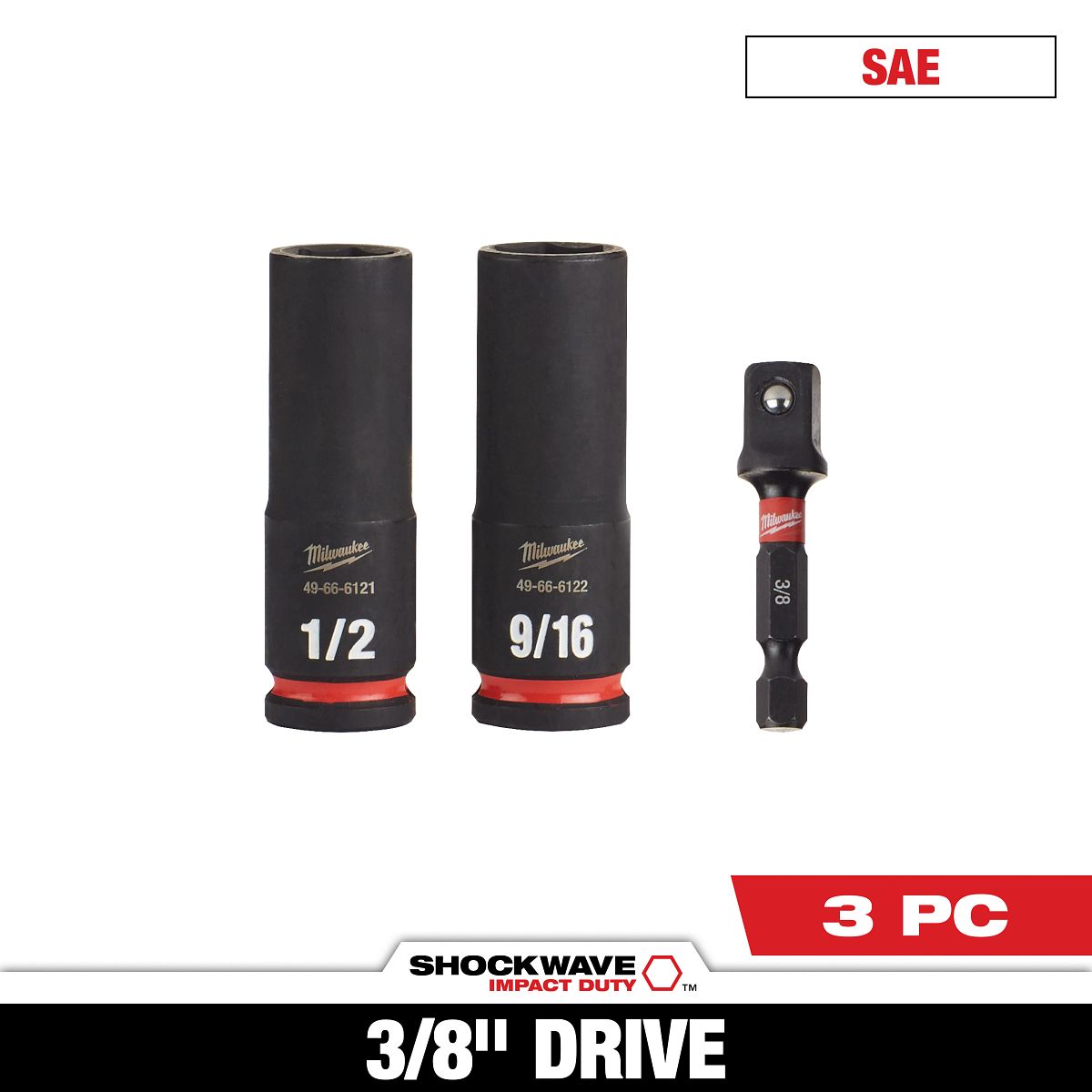 3PC SHOCKWAVE™ Impact Duty 3/8" Drive SAE Deep 6 Point Socket Set - 49-66-4417 - primary image