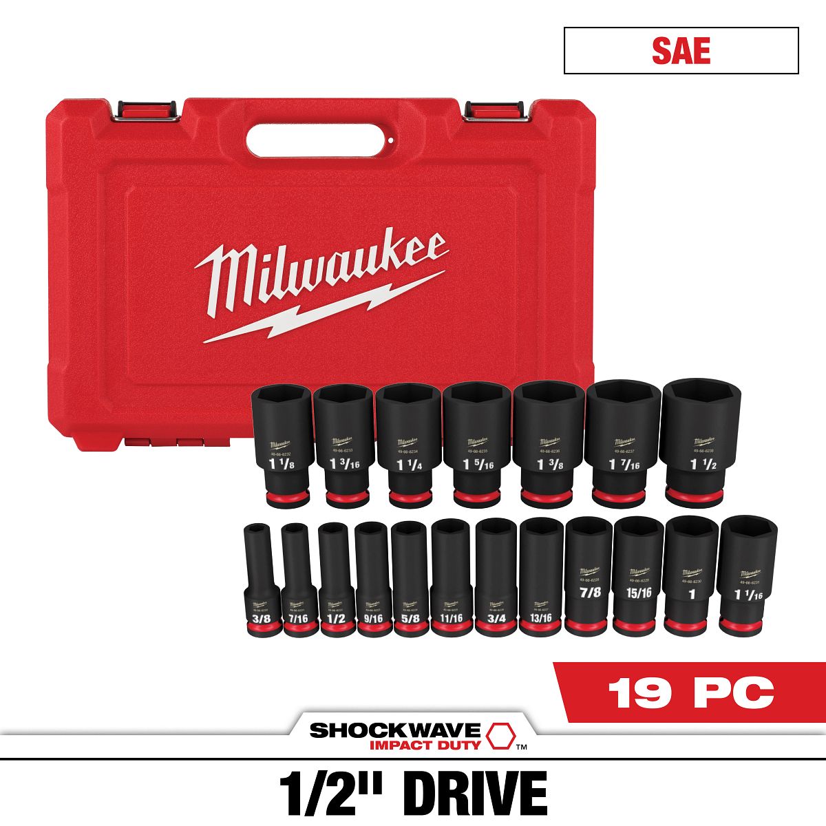 19PC SHOCKWAVE™ Impact Duty 1/2" Drive SAE Deep 6 Point Socket Set - 49-66-7012 - primary image