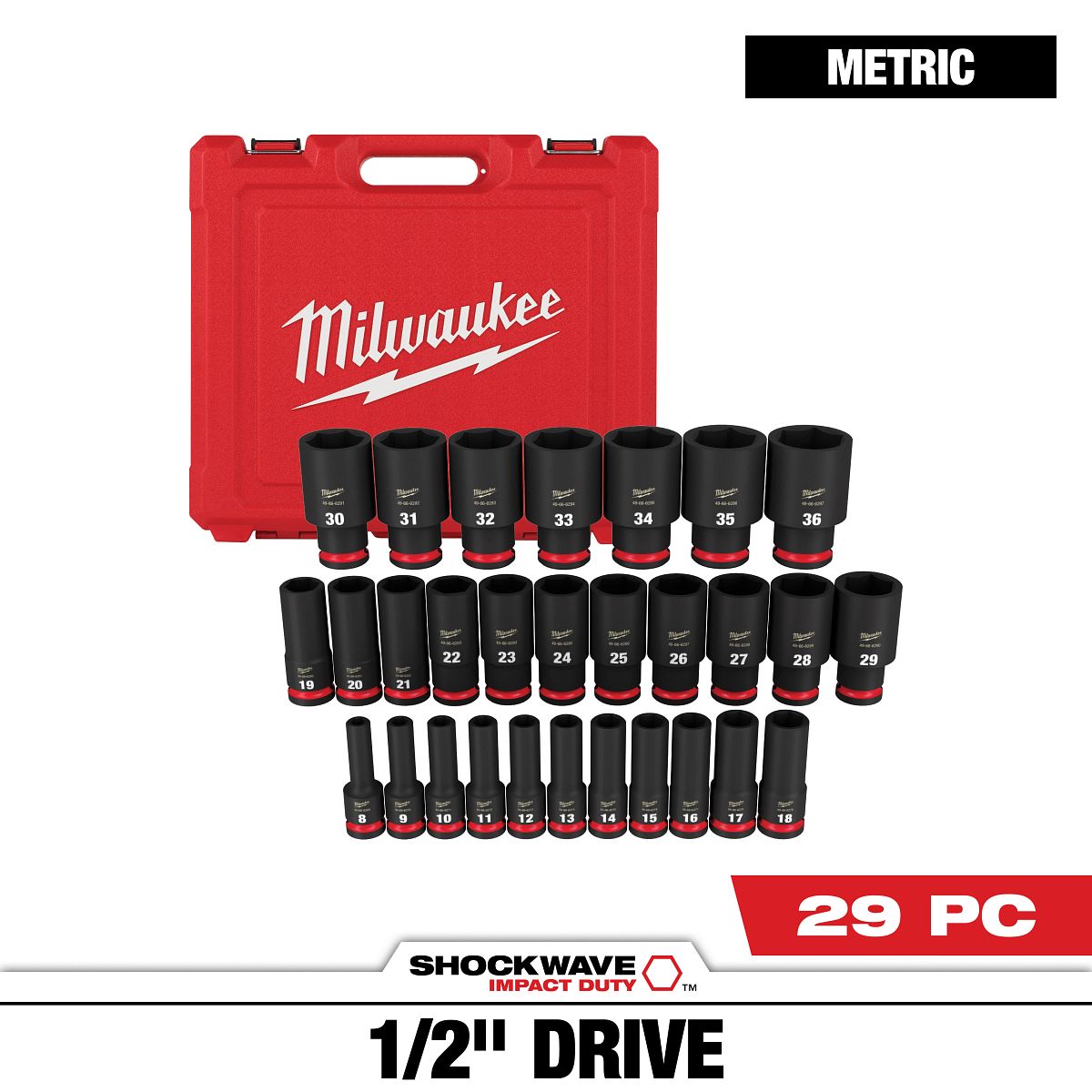 29PC SHOCKWAVE™ Impact Duty 1/2" Drive Metric Deep 6 Point Socket Set - 49-66-7015 - primary image