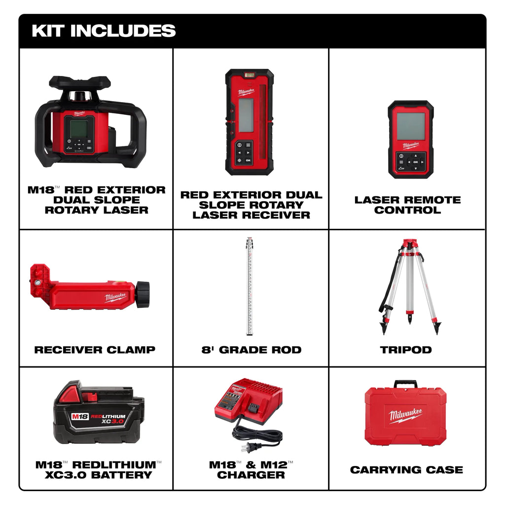 Milwaukee M18 Red Exterior Dual Slope Rotary Laser Level Kit with  Receiver, Remote, Grade Rod & Tripod | 3704-21T