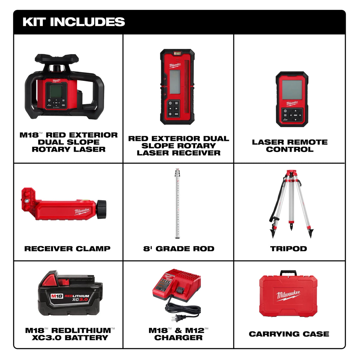 Milwaukee M18 Red Exterior Dual Slope Rotary Laser Level Kit with  Receiver, Remote, Grade Rod & Tripod | 3704-21T