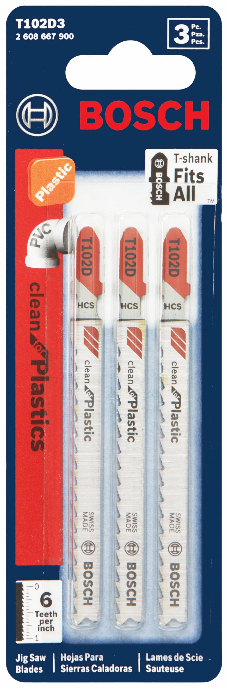 Bosch T102D3 3 pc. 4 In. 6 TPI Clean for Polypropylene T-Shank Jig Saw Blades