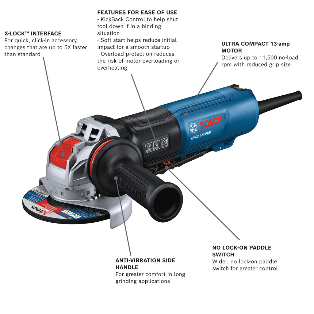 Bosch GWX14-50PBD 5 In. X-LOCK Angle Grinder with Brake and No Lock-On Paddle Switch