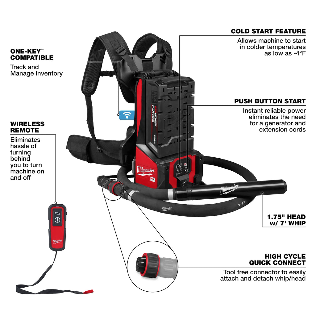 Milwaukee MX FUEL Backpack High Cycle Concrete Vibrator Kit with  7' Whip / 1.75" Head | MXF372-2XCB
