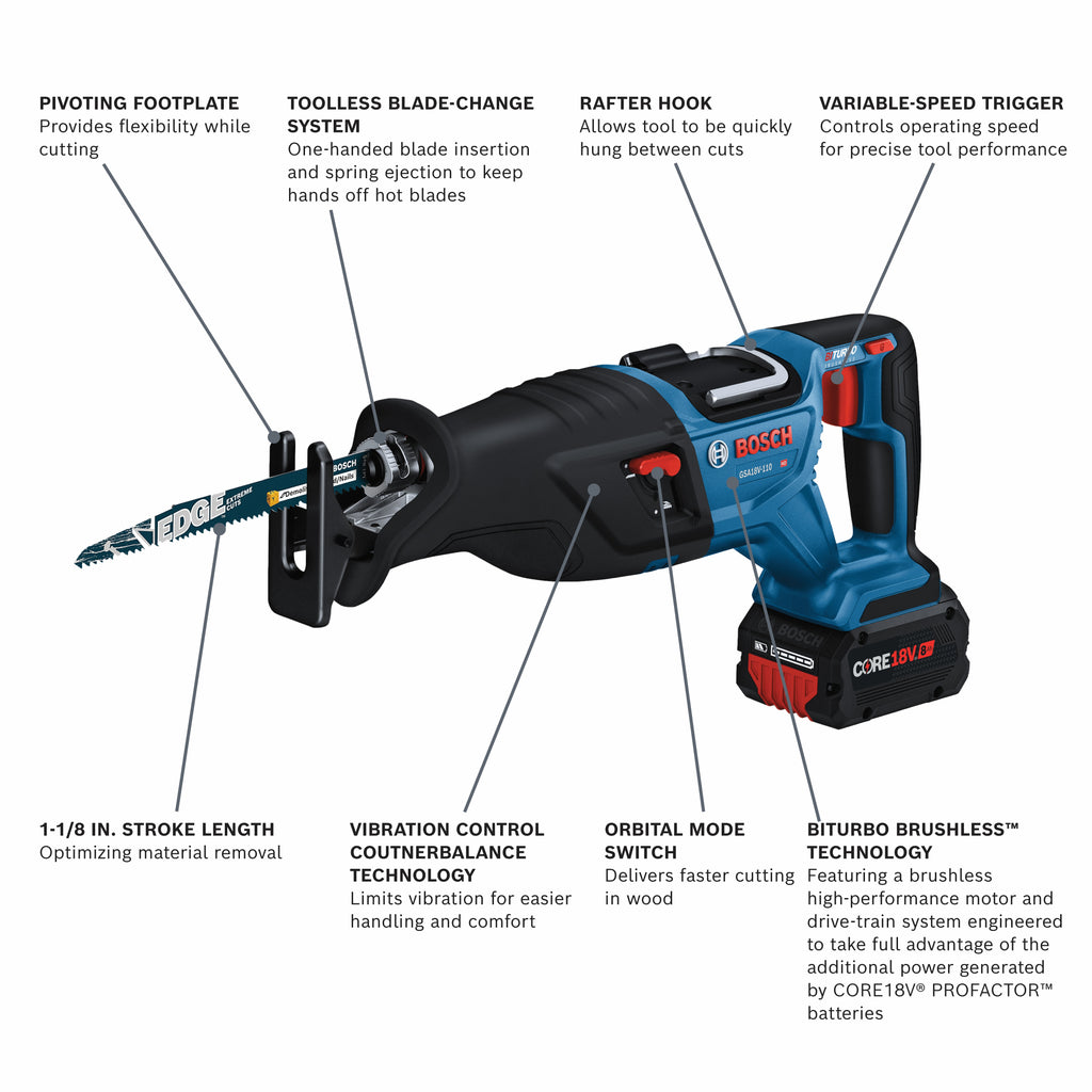 Bosch GSA18V-110B14 PROFACTOR 18V 1-1/8 In. Reciprocating Saw Kit with (1) CORE18V 8 Ah High Power Battery