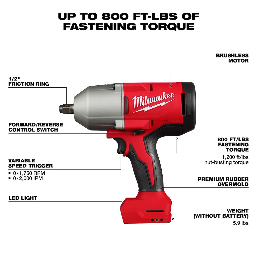 Milwaukee M18 Brushless 1/2" High Torque Impact Wrench with  Friction Ring | 2666-20