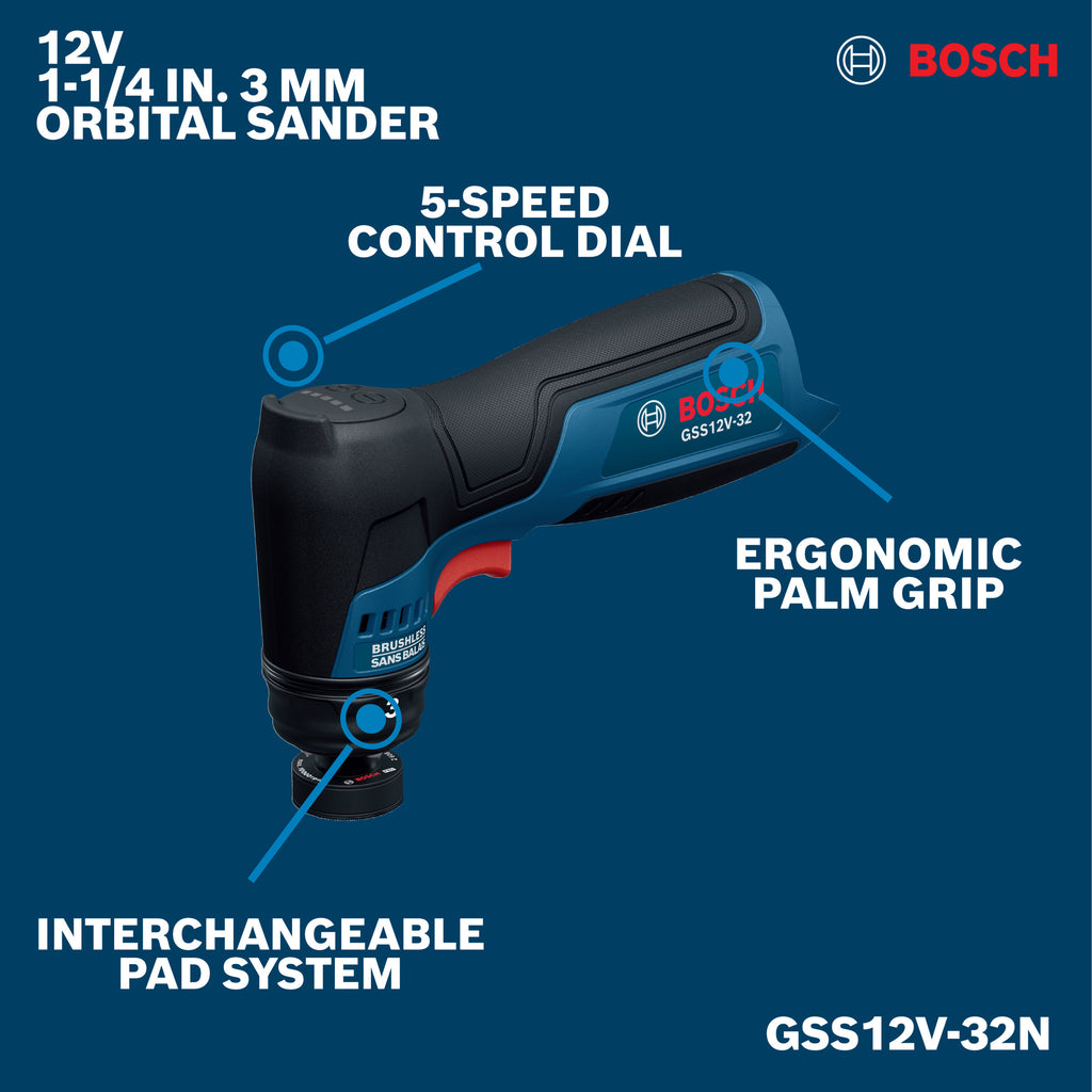 Bosch GSS12V-32N 12V Compact Cordless Brushless 1-1/4 In. Orbital Sander (Tool Only)