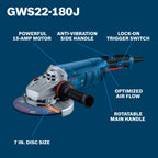Bosch GWS22-180J 7 In. Large Angle Grinder – 15 Amp W/ Lock-On Trigger Switch