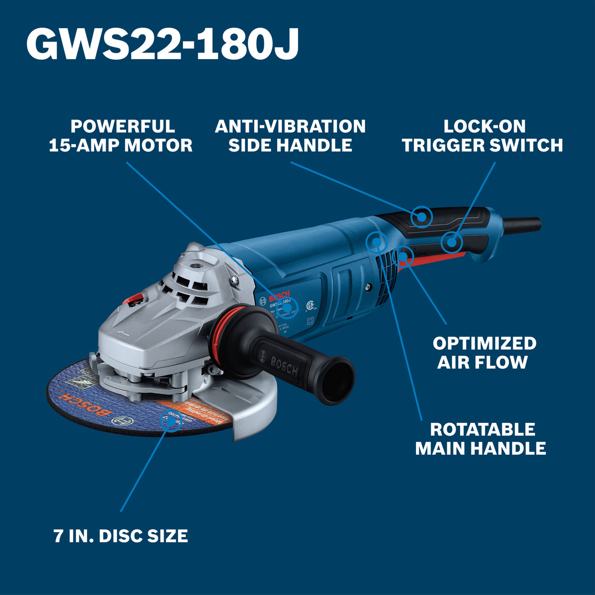 Bosch GWS22-180J 7 In. Large Angle Grinder – 15 Amp W/ Lock-On Trigger Switch
