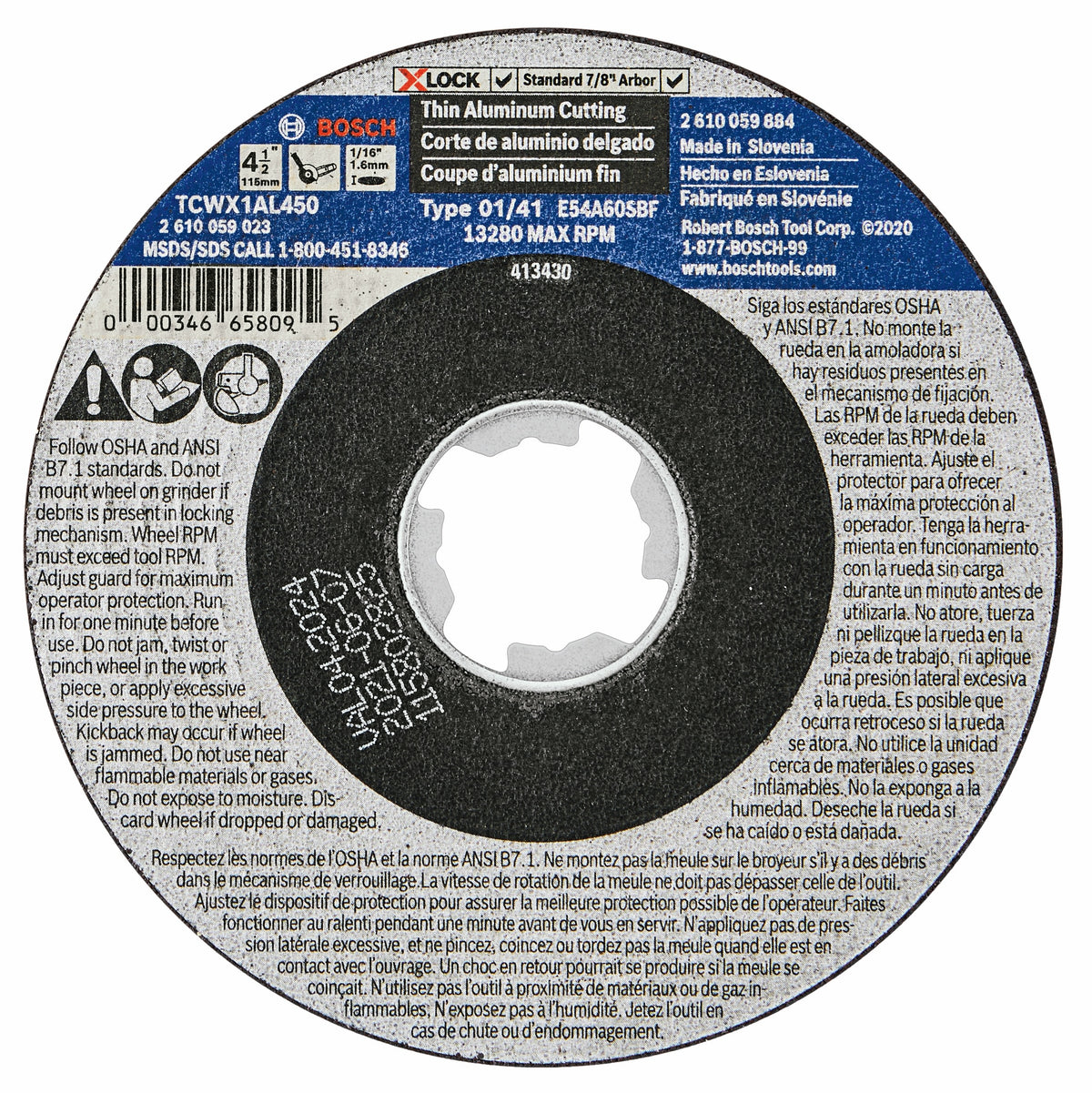 Bosch TCWX1AL450 4-1/2 In. x 1/16 In. X-LOCK Arbor Type 1A (ISO 41) 46 Grit Metal Cutting Abrasive Wheel