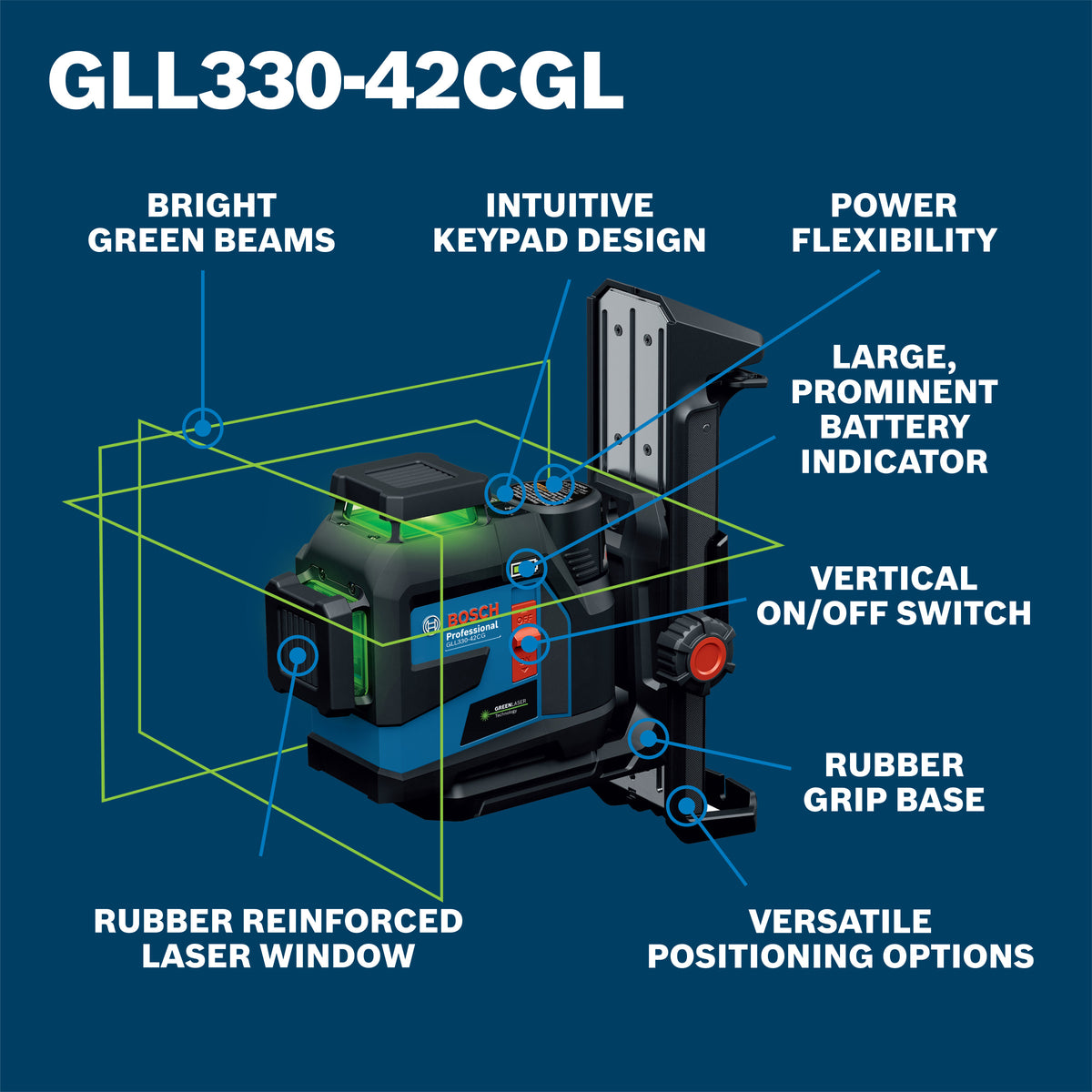Bosch GLL330-42CGL 12V Max 360⁰ Connected Green-Beam Three-Plane Leveling and Alignment Laser with (1) 12V Battery