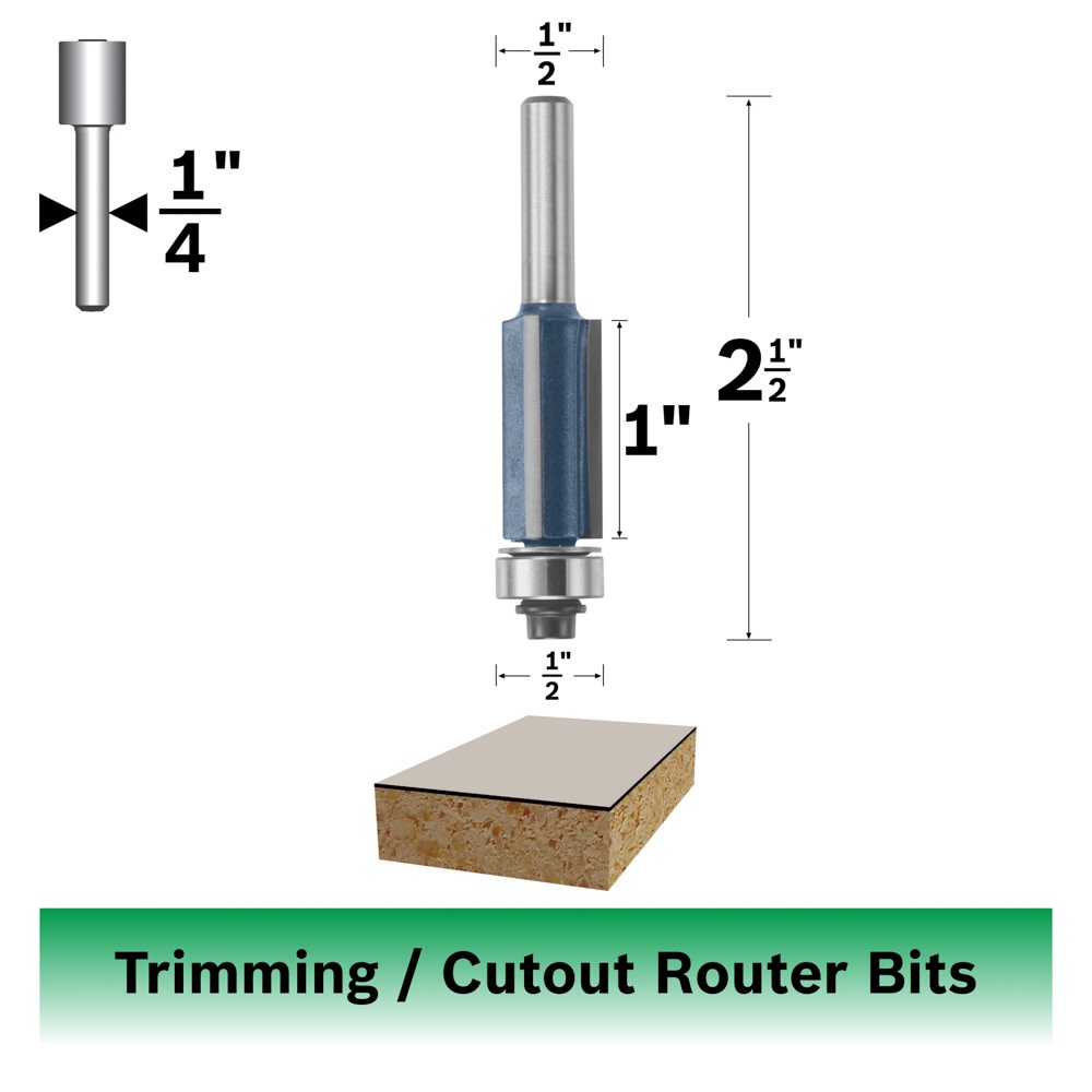 Bosch 85216M 1/2 In. x 1 In. Carbide Tipped 3-Flute Flush Trim Bit