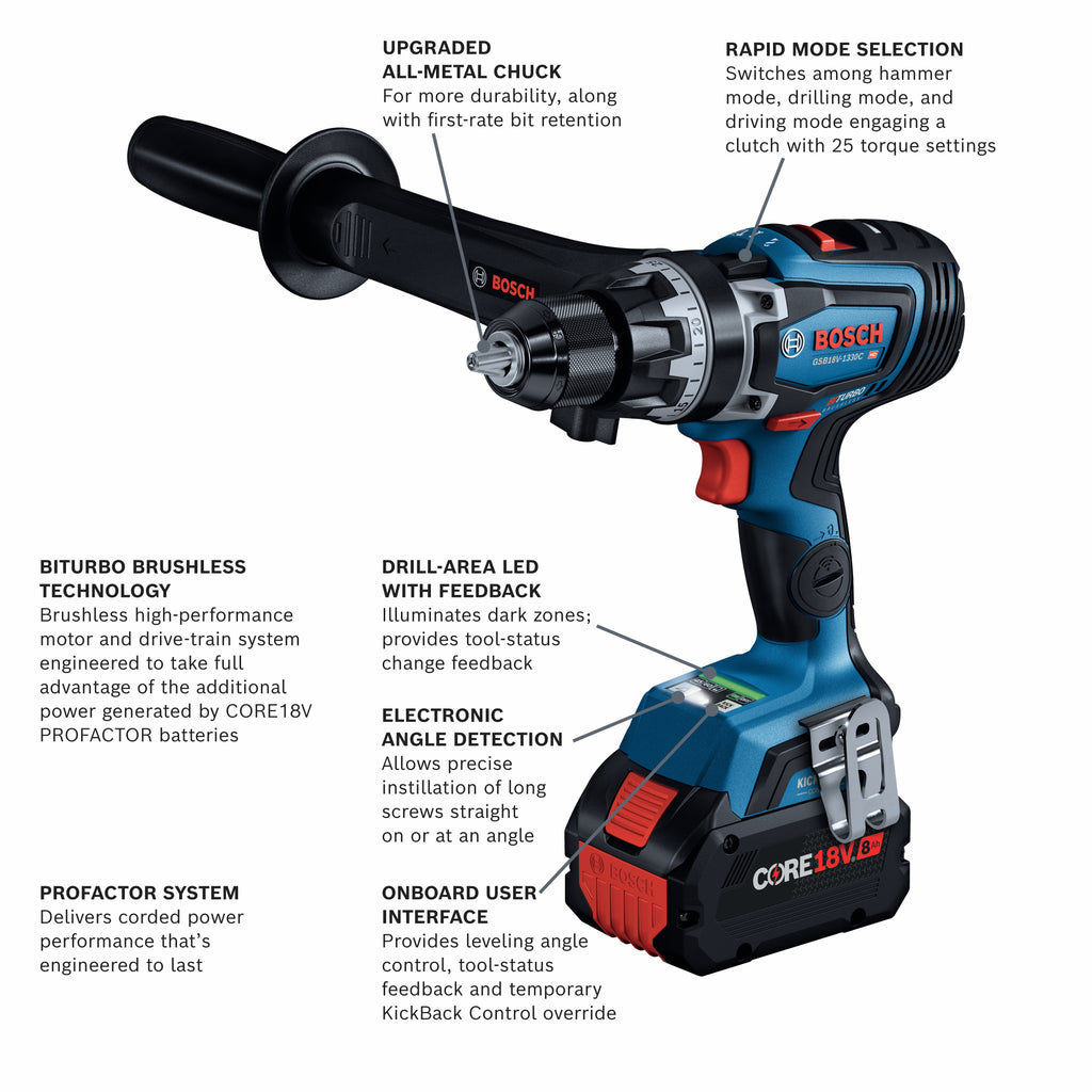 Bosch GSB18V-1330CB14 PROFACTOR 18V Connected-Ready 1/2 In. Hammer Drill/Driver Kit with (1) CORE18V 8 Ah High Power Battery